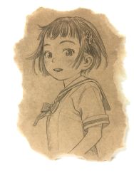 Rule 34 | 1girl, absurdres, bob cut, bow, bowtie, brown background, cropped torso, flower, from side, graphite (medium), hair flower, hair ornament, highres, looking at viewer, looking to the side, monochrome, murata range, neckerchief, original, parted lips, sailor collar, school uniform, serafuku, shirt, short hair, short sleeves, smile, solo, traditional media, upper body