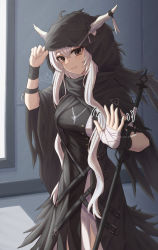 Rule 34 | 1girl, arknights, bandaged arm, bandaged hand, bandages, belt, black dress, breasts, brown eyes, buckle, cloak, cowboy shot, dress, feet out of frame, hand on headwear, highres, hood, hooded cloak, horn ornament, horns, horns through hood, indoors, jewelry, long hair, looking at viewer, medium breasts, motion lines, multiple belts, necklace, parted lips, sheath, sheathed, shining (arknights), shironekoban, smile, solo, standing, sword, very long hair, waving, weapon, white hair