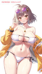 Rule 34 | 1girl, ahoge, anis (nikke), anis (sparkling summer) (nikke), bare shoulders, bikini, blush, breasts, cameltoe, commentary request, cowboy shot, eyepatch bikini, eyewear on head, gluteal fold, goddess of victory: nikke, grey hair, grin, hand up, head tilt, highres, jacket, jewelry, large breasts, long sleeves, looking at viewer, navel, off shoulder, open clothes, open jacket, partial commentary, pendant, sebu illust, short hair, side-tie bikini bottom, simple background, smile, solo, standing, stomach, strapless, strapless bikini, sunglasses, swimsuit, thighs, white background, white bikini, yellow eyes, yellow jacket