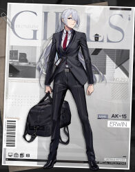 Rule 34 | 1girl, ak-15 (erwin) (girls&#039; frontline), ak-15 (girls&#039; frontline), bag, barcode, belt, black footwear, black jacket, black pants, brown belt, business suit, character name, closed mouth, commentary, copyright name, duffel bag, duoyuanjun, english commentary, formal, full body, girls&#039; frontline, grey hair, hair over one eye, highres, holding, id card, jacket, lanyard, light frown, long hair, long sleeves, looking at viewer, necktie, office lady, official alternate costume, official art, pant suit, pants, paperclip, ponytail, promotional art, purple eyes, red necktie, second-party source, shirt, shoes, solo, standing, suit, suit jacket, very long hair, white shirt
