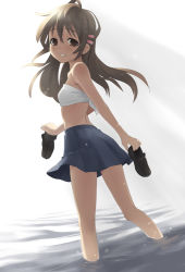 Rule 34 | 1girl, brown eyes, brown hair, dutch angle, flat chest, from behind, holding, holding shoes, loafers, long hair, looking back, midriff, narcissu, oryo (oryo04), parted lips, pleated skirt, sakura setsumi, setsumi sakura, shoes, skirt, smile, solo, wading, water