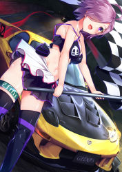 Rule 34 | 1girl, alternate costume, boots, breasts, car, checkered flag, fate/grand order, fate (series), flag, gedou (shigure seishin), hair over one eye, highres, looking at viewer, mash kyrielight, mazda, mazda rx-7, mazda rx-7 fd, medium breasts, midriff, motor vehicle, navel, open mouth, purple eyes, purple hair, race queen, short hair, skirt, solo, thigh boots, thighhighs