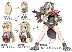 Rule 34 | animal hands, black ribbon, black serafuku, blonde hair, chaos 0829, chart, chibi, claws, commentary request, digimon, evolution, fang, full body, gloves, green eyes, hair flaps, hair ornament, hair ribbon, hairclip, kantai collection, long hair, miniskirt, neckerchief, open mouth, parody, paw gloves, paw shoes, poi, red eyes, red neckerchief, ribbon, sailor collar, scarf, school uniform, serafuku, simple background, skin fang, skirt, standing, straight hair, tail, the yuudachi-like creature, translation request, upper body, white background, white sailor collar, white scarf, wolf hood, wolf tail, yuudachi (kancolle)