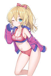 Rule 34 | 1girl, bare shoulders, bikini, blonde hair, blue eyes, blush, bow, breasts, cleavage, closed mouth, clothes writing, collarbone, english text, feet out of frame, hair between eyes, hair bow, jacket, lifeguard, long sleeves, looking at viewer, medium breasts, navel, off shoulder, one eye closed, open clothes, open jacket, original, polka dot, polka dot bow, ponytail, purple jacket, red bikini, red bow, simple background, sleeves past wrists, solo, standing, standing on one leg, swimsuit, v-shaped eyebrows, white background, yuuki rika