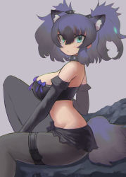 Rule 34 | 1girl, :/, absurdres, animal ear fluff, animal ears, back, bad id, bad pixiv id, bare shoulders, big hair, black hair, bow, cerberus (kemono friends), closed mouth, collar, collarbone, dog ears, elbow gloves, extra ears, fang, fang out, from side, gloves, glowing, glowing hair, grey background, hair between eyes, hair rings, highres, kemono friends, knee up, pantyhose under shorts, looking at viewer, lowleg, lowleg shorts, midriff, multicolored hair, pantyhose, purple hair, scar, scar across eye, scar on face, short shorts, shorts, sidelocks, simple background, sitting, solo, spiked collar, spikes, stomach, strapless, tail, tube top, two-tone hair, two side up, v-shaped eyebrows, zuchi00