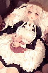 Rule 34 | 1girl, :o, apron, ascot, bad id, bad pixiv id, bed sheet, black dress, circle skirt, commentary, doll joints, dress, frilled apron, frills, from above, gem, green gemstone, highres, joints, juliet sleeves, kuro namako, lace, lace-trimmed dress, lace trim, long hair, long sleeves, looking at viewer, lying, maid, maid headdress, on back, open mouth, original, pillow, pointy ears, puffy sleeves, puppet strings, purple eyes, silver hair, solo, stuffed animal, stuffed toy, symbol-only commentary, two side up, white apron, white ascot