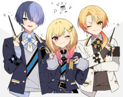 Rule 34 | 1girl, 2boys, aoyagi touya, blonde hair, blue hair, blue jacket, blush, bow, bowtie, braid, brother and sister, brown bow, brown bowtie, brown sweater, closed mouth, collared shirt, earrings, grey eyes, grey shirt, holding, holding wand, jacket, jewelry, long sleeves, low ponytail, low twin braids, mmo!!!!, multiple boys, one eye closed, pink eyes, project sekai, shirt, siblings, smile, sweater, tenma saki, tenma tsukasa, twin braids, upper body, wand, white bow, white bowtie, white jacket, white shirt, white sweater, yellow eyes