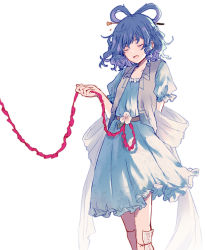 Rule 34 | 1girl, arm behind back, belt, blue dress, blue hair, breasts, collarbone, dress, drill hair, closed eyes, feet out of frame, flower, hair ornament, hair rings, hair stick, highres, holding, holding ribbon, kaku seiga, ofuda, open clothes, open mouth, open vest, red ribbon, ribbon, shawl, short hair, simple background, small breasts, smile, solo, standing, touhou, twin drills, uranaishi (miraura), vest, wavy hair, white background, white vest