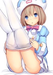 Rule 34 | 1girl, :o, ass, blue coat, blue eyes, blush, brown hair, clothes pull, coat, commentary request, daiaru, fur trim, hat, legs together, legs up, looking at viewer, neptune (series), panties, pantyhose, pantyhose pull, pulled by self, rom (neptunia), short hair, simple background, sitting, solo, thighs, underwear, white background, white panties, white pantyhose