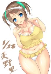 Rule 34 | 10s, 1girl, :d, adapted costume, bare shoulders, bikini, blue eyes, blush, breasts, brown hair, character name, cleavage, collarbone, cowboy shot, dated, frilled bikini, frills, green ribbon, groin, hair ribbon, large breasts, leaning forward, looking at viewer, minori (senran kagura), navel, noeomi, open mouth, ribbon, senran kagura, senran kagura shinovi versus, smile, solo, stomach, swimsuit, thigh gap, twintails, white background, yellow bikini