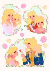 Rule 34 | 2girls, absurdres, artist name, blonde hair, blue eyes, bow, braid, choker, closed eyes, crying, dress, earrings, epaulettes, eye contact, flower, gold trim, hair bow, hair up, hands up, highres, holding, holding flower, jewelry, long hair, looking at another, multiple girls, multiple views, necklace, oscar francois de jarjayes, pearl necklace, pink bow, pink choker, pink dress, pupe (sennbee1027), rosalie lamorliere, rose, twitter username, versailles no bara