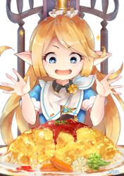 Rule 34 | 1girl, :d, absurdres, blonde hair, blue eyes, blush, broccoli, carrot, chair, charlotta (granblue fantasy), commentary request, crown, drooling, fang, food, granblue fantasy, harvin, highres, hiyashi mikan, mini flag, omelet, omurice, open mouth, pointy ears, puffy short sleeves, puffy sleeves, short sleeves, signature, sitting, smile, solo, sparkle, v-shaped eyebrows, white background