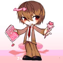 Rule 34 | 1boy, black footwear, brown hair, brown jacket, brown pants, chibi, collared shirt, commentary, death note, english commentary, hair between eyes, heart, heart print, highres, holding, holding notebook, holding pen, jacket, male focus, necktie, no nose, notebook, open clothes, open jacket, open mouth, pants, pen, red eyes, red necktie, shirt, short hair, sketch, smile, solo, starbuckscup386, white shirt, yagami light