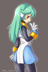 Rule 34 | 1girl, android, blush, cowboy shot, from side, green hair, greyscale, highres, looking at viewer, looking to the side, mega man (series), mega man zx, monochrome, open mouth, pandora (mega man), red eyes, robot, robot girl, shu salmon, simple background, tagme, twitter username