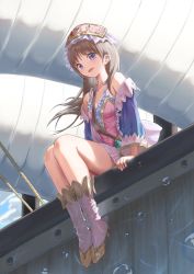 Rule 34 | 1girl, :d, absurdres, atelier (series), atelier totori, atyao-299, blue eyes, blue sleeves, brown hair, floating hair, from below, full body, highres, long hair, long sleeves, miniskirt, open mouth, pink shirt, pleated skirt, shirt, sitting, skirt, sleeveless, sleeveless shirt, smile, solo, totooria helmold, white skirt