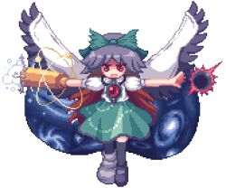 Rule 34 | 1girl, arm cannon, asymmetrical footwear, black socks, black wings, bow, cape, collared shirt, feathered wings, frilled shirt collar, frills, green bow, green skirt, hair bow, kneehighs, kyako youkan, looking at viewer, lowres, mismatched footwear, outstretched arms, pixel art, puffy short sleeves, puffy sleeves, red eyes, reiuji utsuho, shirt, short sleeves, simple background, skirt, socks, solo, third eye on chest, touhou, weapon, white background, white cape, white shirt, wings
