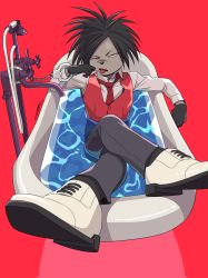 Rule 34 | 1boy, absurdres, bathtub, black pants, clothed bath, commentary, cuffs, enkadesukedo, furry, handcuffs, highres, crossed legs, long sleeves, messy hair, odd taxi, pants, red background, red neckwear, red vest, simple background, sink, tongue, vest, water, white footwear, yano (odd taxi)