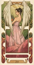 1girl art_nouveau bare_tree brown_hair cage character_name closed_mouth commentary debbysheen dress eyeshadow hair_bun highres holding holding_cage joy_(red_velvet) k-pop looking_back makeup numbered pink_dress real_life red_velvet_(group) solo strapless strapless_dress tree wings