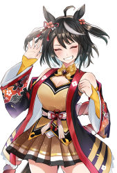 Rule 34 | 1girl, ahoge, animal ears, bare shoulders, black hair, bow, breasts, cleavage, cleavage cutout, clenched teeth, closed eyes, clothing cutout, detached sleeves, eyelashes, frilled skirt, frills, frxe3828, gold trim, hair between eyes, hair ornament, hair ribbon, highres, horse ears, horse girl, horse tail, japanese clothes, kitasan black (umamusume), legs apart, medium hair, multicolored hair, open mouth, ribbon, rope, simple background, skirt, solo, striped, striped bow, tail, teeth, two-tone hair, umamusume, white background, white legwear, wide sleeves