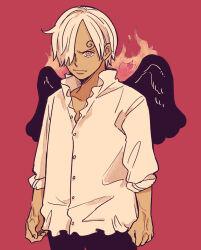 1boy black_wings closed_mouth commentary_request curly_eyebrows fire hair_over_one_eye hatch_(8cco) looking_ahead male_focus one_piece red_background sanji_(one_piece) seraphim_(one_piece) shirt short_hair simple_background solo star-shaped_pupils star_(symbol) symbol-shaped_pupils white_hair white_shirt wings