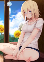 Rule 34 | 1girl, allison (summer lesson), barefoot, blonde hair, blue eyes, daiaru, day, denim, denim shorts, highres, jewelry, crossed legs, looking at viewer, necklace, outdoors, short hair, short shorts, shorts, sitting, smile, solo, summer lesson, sweat