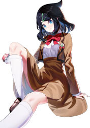 Rule 34 | 1girl, black hair, blazer, blue eyes, bow, breasts, brown footwear, brown jacket, brown skirt, closed mouth, commentary request, creatures (company), cropped jacket, feet out of frame, game freak, highres, holding, holding poke ball, jacket, knee up, kneehighs, liko (pokemon), loafers, looking at viewer, nintendo, open clothes, open jacket, poke ball, pokemon, pokemon (anime), pokemon horizons, red bow, ririko (zhuoyandesailaer), school uniform, shirt, shoes, sitting, skirt, small breasts, smile, socks, solo, swept bangs, white shirt, white socks