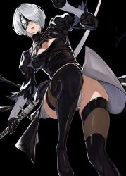 Rule 34 | 1girl, 2b (nier:automata), absurdres, black background, black blindfold, black hairband, black thighhighs, blindfold, bob cut, breasts, cleavage cutout, clothing cutout, feather-trimmed sleeves, gluteal fold, groin, hairband, highres, holding, holding sword, holding weapon, juliet sleeves, katana, lips, long sleeves, medium breasts, mole, mole under mouth, nier:automata, nier (series), parted lips, puffy sleeves, red lips, short hair, simple background, solo, sword, temoc, thighhighs, thighs, weapon, white hair