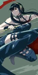 1girl black_dress black_footwear black_hair blood blood_on_face boots breasts dagger dress gold_hairband hairband high_heel_boots high_heels highres holding holding_dagger holding_knife holding_weapon iwanishi knife large_breasts red_eyes solo spy_x_family stiletto_(weapon) thigh_boots two-sided_fabric weapon yor_briar