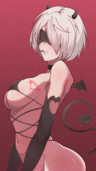 Rule 34 | 1girl, 2b (nier:automata), absurdres, ass, black choker, black wings, breast tattoo, breasts, choker, demon girl, demon tail, demon wings, detached sleeves, highres, horns, huge ass, kamitsune28rita, large breasts, navel, nier:automata, nier (series), red background, short hair, sideboob, solo, tail, tattoo, tongue, tongue out, white hair, wings