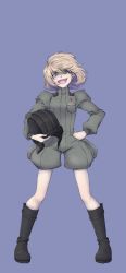 Rule 34 | 10s, 1girl, black footwear, blonde hair, blue background, blue eyes, boots, fang, full body, girls und panzer, hand on own hip, helmet, highres, holding, holding helmet, katyusha (girls und panzer), long sleeves, looking at viewer, military, military uniform, mityubi, open mouth, puffy pants, short hair, short jumpsuit, simple background, smile, solo, standing, tank helmet, uniform, wind