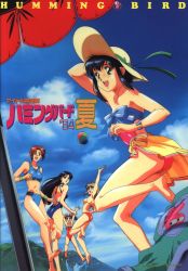 Rule 34 | 1990s (style), 5girls, arm up, arms up, ball, barefoot, beach umbrella, beachball, bikini, black hair, blue bikini, bracelet, brown hair, casual one-piece swimsuit, day, hat, highres, idol boueitai hummingbird, jewelry, jumping, long hair, looking back, medium hair, multiple girls, navel, non-web source, official art, one-piece swimsuit, open mouth, outdoors, red hair, red one-piece swimsuit, retro artstyle, running, sarong, short hair, strapless, strapless one-piece swimsuit, sun hat, swimsuit, toreishi kanna, toreishi mina, toreishi satsuki, toreishi uzuki, toreishi yayoi, umbrella