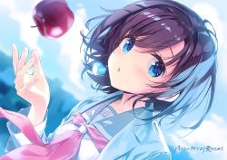 Rule 34 | 1girl, apple, arimura romi, blue eyes, blurry, blurry background, breasts, einstein yori ai wo komete, food, fruit, highres, kimishima ao, lab coat, long sleeves, looking at viewer, neck, necktie, open mouth, red hair, school uniform, shirt, short hair, small breasts, solo, white shirt