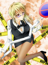 Rule 34 | 1girl, blonde hair, bow, bowtie, breasts, brown eyes, caution tape, durarara!!, forest2, gender request, genderswap, heiwajima shizuo, high heels, keep out, large breasts, legs, long hair, miniskirt, pantyhose, pencil skirt, shoes, sign, skirt, solo, sunglasses, tuxedo, vest