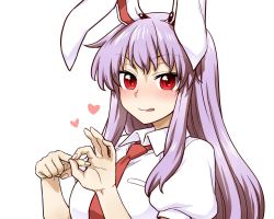 Rule 34 | 1girl, :3, :q, animal ears, blush, collared shirt, hands up, heart, highres, itou yuuji, licking lips, long hair, looking at viewer, necktie, penetration gesture, puffy short sleeves, puffy sleeves, purple hair, rabbit ears, red eyes, red necktie, reisen udongein inaba, shirt, short sleeves, simple background, smile, solo, tongue, tongue out, touhou, upper body, white background, white shirt, wing collar