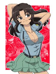 Rule 34 | 1girl, aoshidan school uniform, arm behind head, arms up, belt, black belt, black hair, blue eyes, blue shirt, breasts, cleavage, closed mouth, collared shirt, commentary, cowboy shot, dark-skinned female, dark skin, el (girls und panzer), flamenco, floral background, girls und panzer, green skirt, hand in own hair, long hair, looking at viewer, medium breasts, miniskirt, outline, parted lips, partially unbuttoned, red background, school uniform, shirt, short sleeves, skirt, smile, solo, standing, suspenders, takahashi kurage, white outline