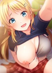 Rule 34 | 1girl, bad id, bad twitter id, blonde hair, blue eyes, blush, bra, bra pull, breasts, cleavage, clothes lift, clothes pull, commentary request, hachimiya meguru, hair ornament, hairclip, hatomugi (mugicha), highres, large breasts, looking at viewer, low twintails, nipples, one breast out, open mouth, original, pleated skirt, puffy nipples, reaching, reaching towards viewer, selfie, shirt lift, skirt, solo, sports bra, sports bra pull, twintails, underwear