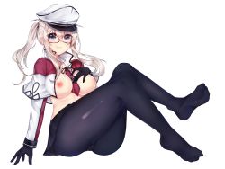 Rule 34 | 10s, 1girl, :t, absurdres, arm support, ass, black pantyhose, blonde hair, breasts, cameltoe, female focus, glasses, gloves, graf zeppelin (kancolle), grey eyes, hat, highres, jacket, kantai collection, large breasts, legs, miniskirt, necktie, open clothes, osiimi, pantyhose, peaked cap, sitting, skirt, solo, thighs, twintails