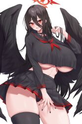 Rule 34 | 1girl, black choker, black hair, black nails, black wings, blue archive, blush, breasts, choker, feathered wings, hair between eyes, halo, hasumi (blue archive), highres, huge breasts, kuavera, large breasts, long hair, looking at viewer, mole, mole under eye, nail polish, red eyes, red halo, shirt, simple background, solo, very long hair, white background, wings