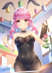 Rule 34 | 1girl, ahoge, animal ears, bare shoulders, black leotard, blue hair, blurry, blush, bow, bowtie, braid, breasts, brown pantyhose, chahei, cleavage, collarbone, colored inner hair, covered navel, cowboy shot, depth of field, detached collar, fake animal ears, flower, groin, hair ornament, headdress, highres, holding, hololive, indoors, leotard, long hair, looking at viewer, medium breasts, minato aqua, multicolored hair, pantyhose, pink eyes, pink hair, playboy bunny, rabbit ears, rose, see-through, see-through cleavage, smile, solo, standing, streaked hair, tissue box, twintails, two-tone hair, vase, virtual youtuber, waitress, wrist cuffs