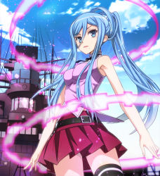 Rule 34 | 10s, 1girl, aoki hagane no arpeggio, armpits, bare shoulders, belt, black thighhighs, blue eyes, blue hair, cloud, day, glowing, hair between eyes, hair rings, halterneck, high ponytail, light smile, lipstick, long hair, looking at viewer, makeup, matching hair/eyes, mole, mole under mouth, navel, neck ribbon, nyoro (nyoronyoro000), outdoors, parted bangs, pleated skirt, ponytail, ribbon, ship, sidelocks, skirt, sky, smile, solo, sparkle, standing, swept bangs, takao (aoki hagane no arpeggio), thighhighs, turtleneck, watercraft
