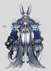Rule 34 | 1girl, bad id, bad pixiv id, belt, blade, blue eyes, breasts, chain, closed mouth, facial mark, feathered wings, floating hair, grey background, grey hair, head wings, highres, kahill, long hair, long sleeves, navel, o-ring, original, simple background, sleeves past fingers, sleeves past wrists, weapon, wings