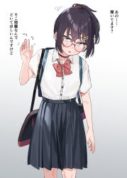 Rule 34 | 1girl, bad id, bad twitter id, blue eyes, bow, bowtie, choker, collared shirt, crossed bangs, ear piercing, female focus, glasses, gradient background, hair ornament, hairclip, highres, looking at viewer, loose bowtie, open mouth, original, piercing, pleated skirt, ponytail, raised eyebrow, red-framed eyewear, red bow, red bowtie, round eyewear, school uniform, shirt, shirt tucked in, shy, skirt, slouching, solo, subachi, translated, waving