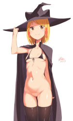 Rule 34 | 1girl, absurdres, arm behind back, bikini, bikini top only, black bikini, black cape, black thighhighs, blonde hair, bottomless, breasts, cape, cloba, closed mouth, commentary request, dated, front-tie bikini top, front-tie top, hand on headwear, hat, highres, looking back, multicolored hair, navel, no panties, original, pussy, red hair, short hair, signature, simple background, small breasts, solo, standing, stomach, swimsuit, thighhighs, two-tone hair, uncensored, white background, witch hat, yellow eyes