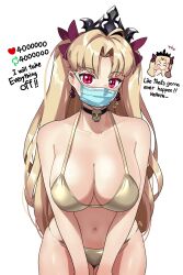 Rule 34 | 1girl, alternate costume, bikini, black choker, blonde hair, blush, bow, breasts, chibi, choker, cleavage, commentary, covered mouth, earrings, english commentary, english text, ereshkigal (fate), fate/grand order, fate (series), flying sweatdrops, gold bikini, hair bow, highres, jewelry, large breasts, like and retweet, long hair, mask, meme, monkey jon, mouth mask, navel, parted bangs, red bow, red eyes, signature, simple background, stomach, surgical mask, sweatdrop, swimsuit, tiara, twitter strip game (meme), two side up, white background