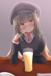 Rule 34 | 1girl, alcohol, beer, beret, black hat, black sweater, brown eyes, collared shirt, commentary request, dress shirt, glass, green hair, hair down, hat, head tilt, kamijou sadame, kantai collection, looking at viewer, one-hour drawing challenge, shawl, shirt, solo, sweater, upper body, yuubari (kancolle)