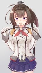Rule 34 | 10s, 1girl, ahoge, akizuki (kancolle), anchor, bad id, bad pixiv id, blue skirt, brown hair, buttons, collared shirt, cosplay, cowboy shot, double-breasted, doyachii, epaulettes, eyebrows, frilled sleeves, frills, gloves, grey background, grey shirt, hairband, hands up, headgear, highres, holding, jacket, kantai collection, kashima (kancolle), kashima (kancolle) (cosplay), long hair, long sleeves, looking at viewer, military, military uniform, miniskirt, open mouth, pleated skirt, purple eyes, riding crop, shirt, skirt, uniform, white gloves