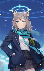 Rule 34 | 1girl, animal ear fluff, animal ears, bag, blue archive, blue background, blue eyes, blue jacket, blue scarf, closed mouth, cowboy shot, cross hair ornament, earrings, expressionless, gloves, green gloves, grey hair, grey skirt, hair ornament, hairclip, halo, hand up, hands in pockets, highres, itou (onsoku tassha), jacket, jewelry, looking at viewer, medium hair, miniskirt, mismatched pupils, open clothes, open jacket, outdoors, pleated skirt, scarf, shiroko (blue archive), shirt, shoulder bag, single glove, skirt, solo, standing, white shirt