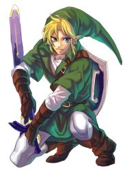 Rule 34 | 1boy, bad id, bad pixiv id, blonde hair, blouse, blue eyes, gloves, green hat, hat, holding, holding sword, holding weapon, kiru (sorr5042), link, male focus, nintendo, on one knee, pointy ears, sheath, sheathed, shield, shield on back, shirt, solo, sword, the legend of zelda, the legend of zelda: ocarina of time, tunic, weapon, white legwear, white shirt