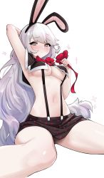 Rule 34 | 1girl, animal ears, arm up, black skirt, blush, bow, bowtie, breast curtains, breasts, closed mouth, fake animal ears, grey eyes, heart, heart print, highres, holding, long hair, looking at viewer, medium breasts, nujig, original, rabbit ears, red bow, red bowtie, simple background, sitting, skirt, solo, sparkle, suspender skirt, suspenders, thighs, underboob, very long hair, white background, white hair
