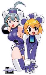 Rule 34 | 2girls, :d, ;d, ahoge, animal ears, blonde hair, blue eyes, blue thighhighs, bob cut, breasts, elbow gloves, flat chest, game-tan, game boy, game boy-tan, game boy (original), game boy advance, game boy advance-tan, game console, gamecube, gamecube-tan, gloves, glowing, grey hair, hairband, hand on another&#039;s head, handheld game console, large breasts, leaning forward, leotard, mouse ears, multiple girls, nintendo, one eye closed, open mouth, orange hair, product girl, purple eyes, short hair, sideboob, simple background, small breasts, smile, tail, thighhighs, turtleneck, wink, yoshizaki mine
